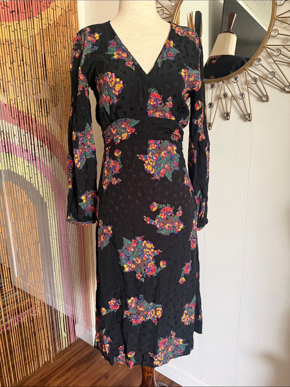 ba&sh Black Floral V-Neck Long-Sleeve Midi Dress